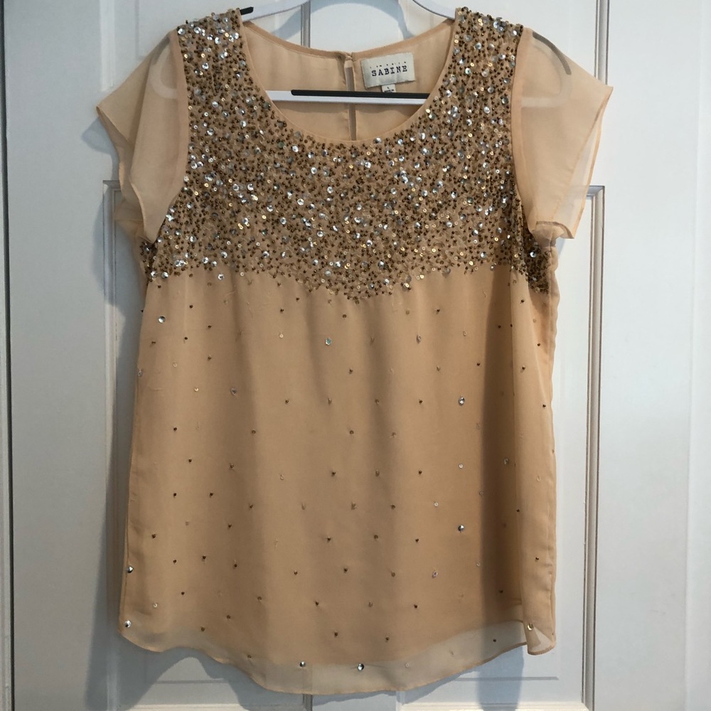 Sabine Pale Pink Beaded Blouse Size Large EUC